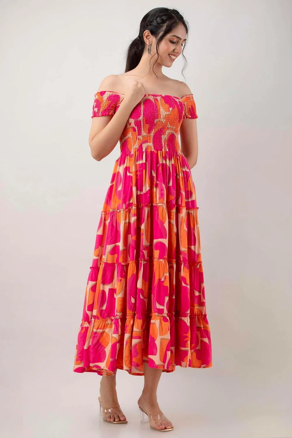 Женское летнее платье миди с цветочным принтом Rianshi Craft, Pink Strip — фото 3