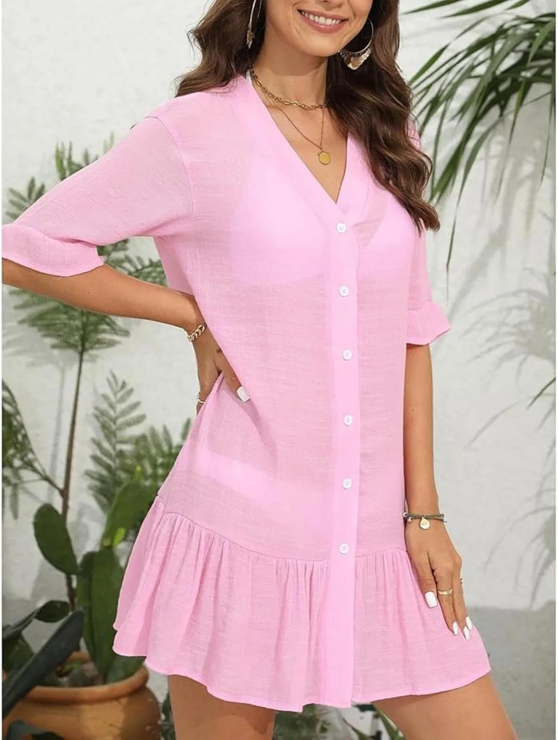 Женское летнее платье с воротником и пуговицами Cotton Linen, Pink — фото 3