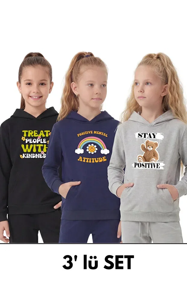 Детский комплект свитшотов с капюшоном с принтом Ya Ko Kids, Black-Grey-Navy Blue