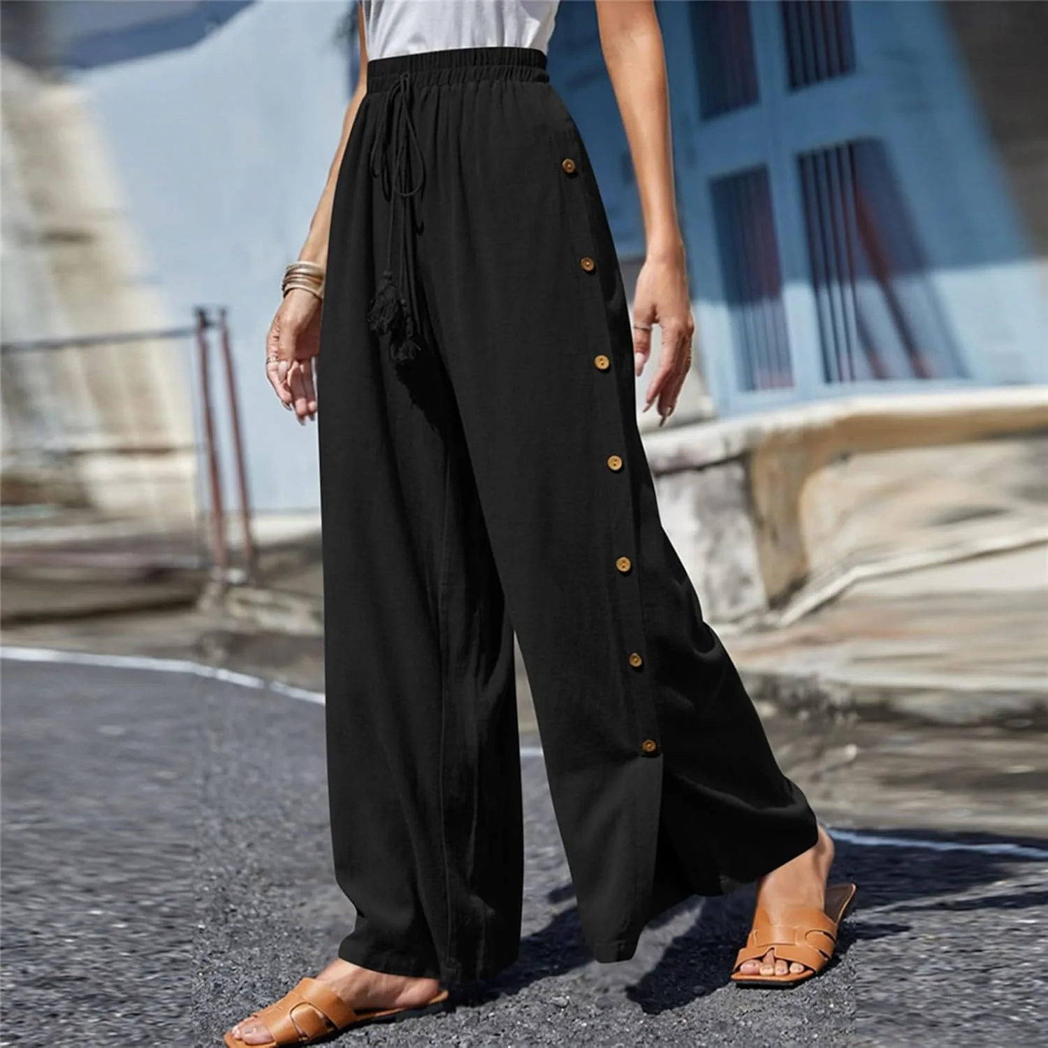 Брюки Side Button Wide Leg для женщин: повседневные, удобные, свободного кроя, на резинке, с высокой талией, палаццо Generic, черный — фото 2