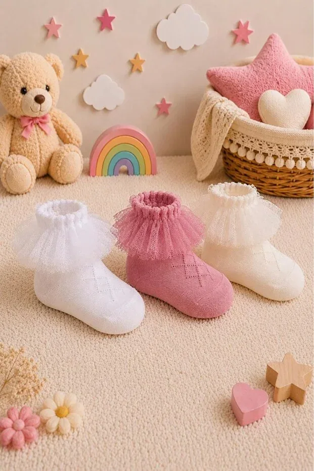 Детские носки для новорожденных хлопковые с принтом Organic cotton premium 3-piece baby tulle socks Lakoren, Multicolor