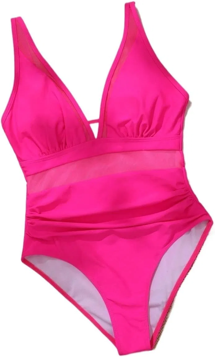 Женский слитный купальник с V-образным вырезом и открытой спиной, Hot Pink — фото 4