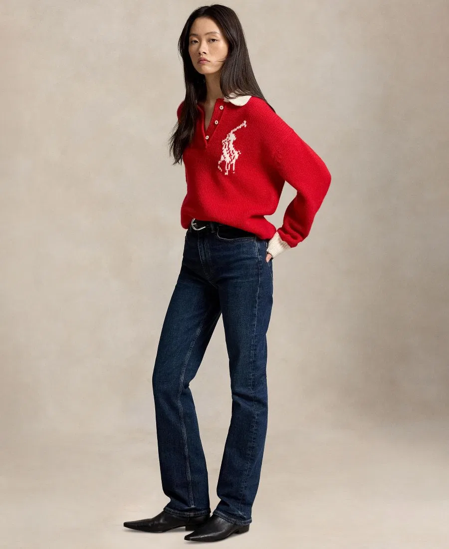 Свитер с воротником-поло из шерсти, модель Big Pony Rugby Polo Ralph Lauren, Red Cream — фото 2