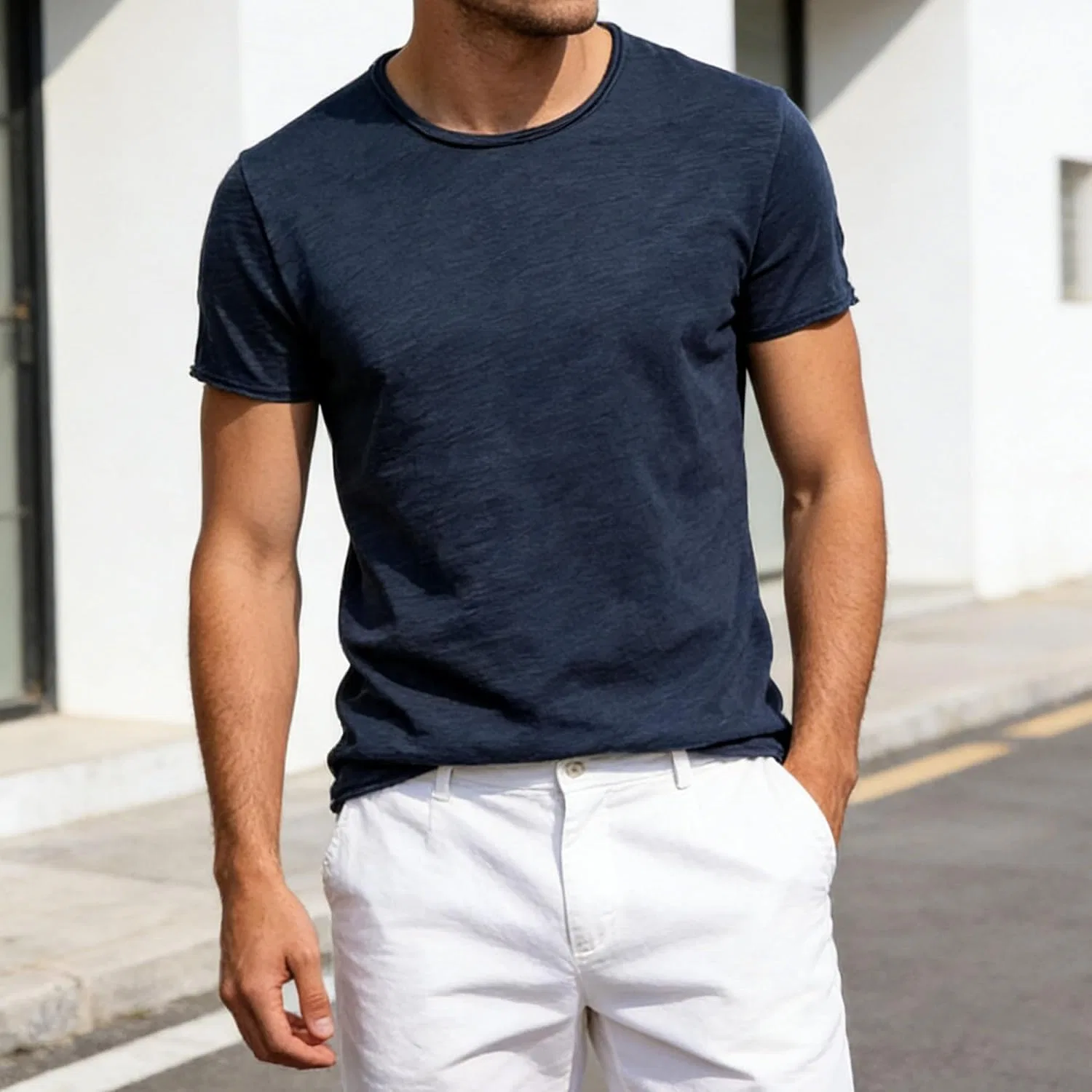 Мужская футболка с V-образным вырезом из смесового хлопка, Navy Blue — фото 4