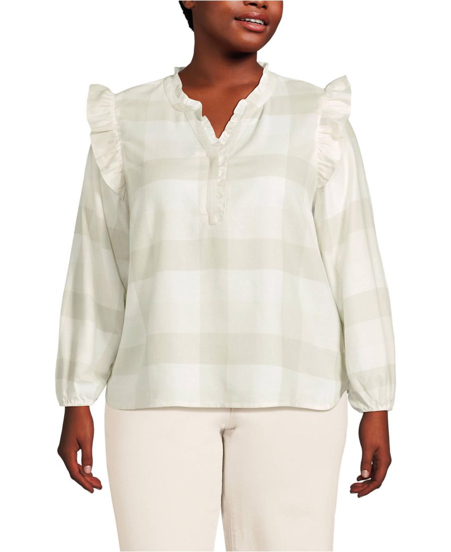 

Женская фланелевая блузка-поло большого размера с оборками спереди Lands' End, Ivory/portobello check