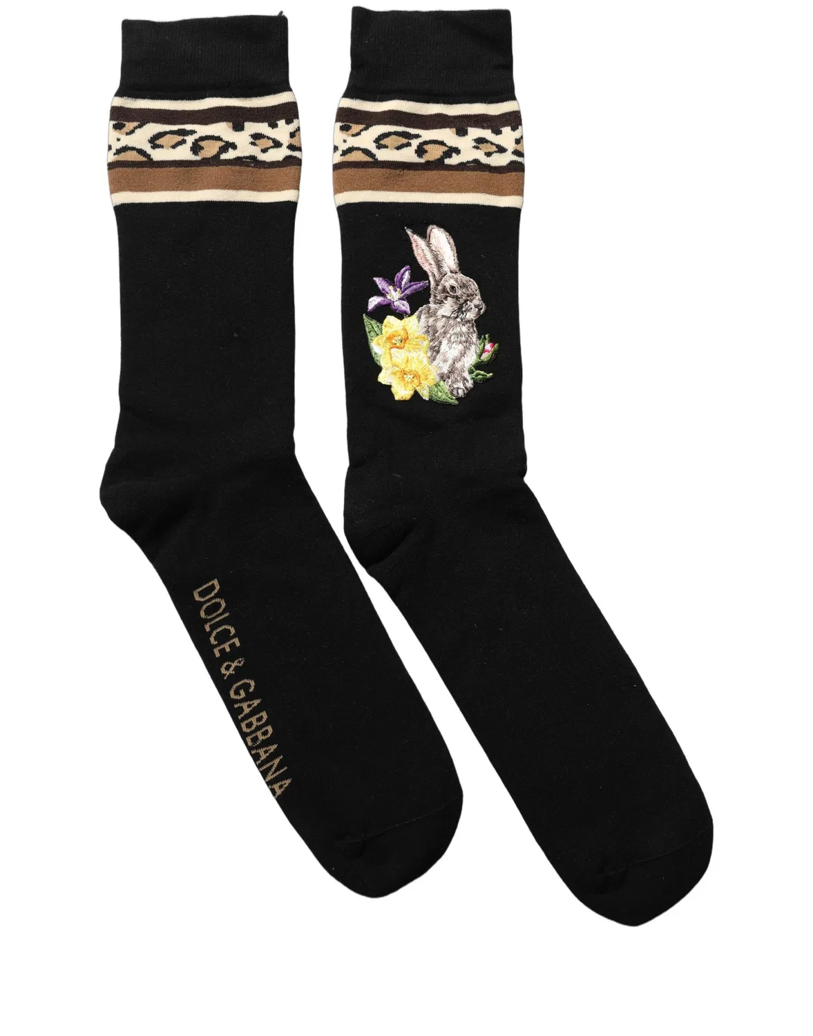 Женские носки с вышивкой Mid Calf Black Rabbit Floral Wool Dolce & Gabbana, Black — фото 3