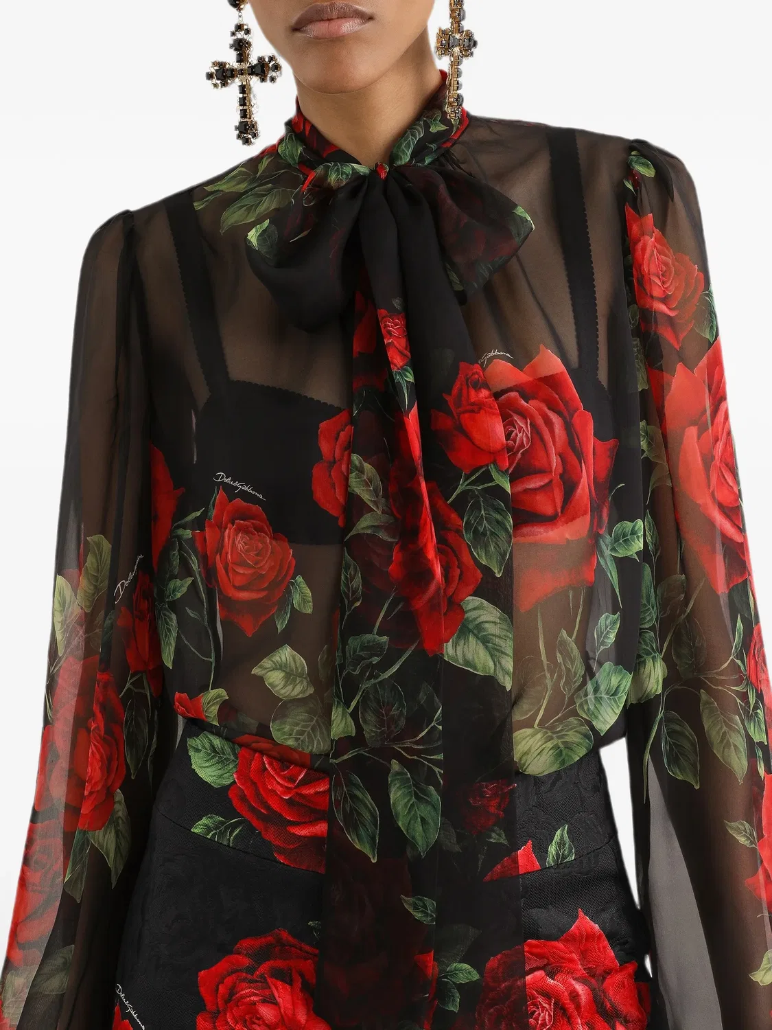 Шифоновая блузка с цветочным принтом Dolce & Gabbana, черный — фото 4