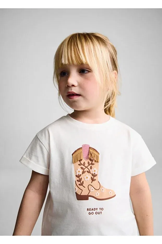 Детская хлопковое футболка с принтом Mango Baby, Off White — фото 4
