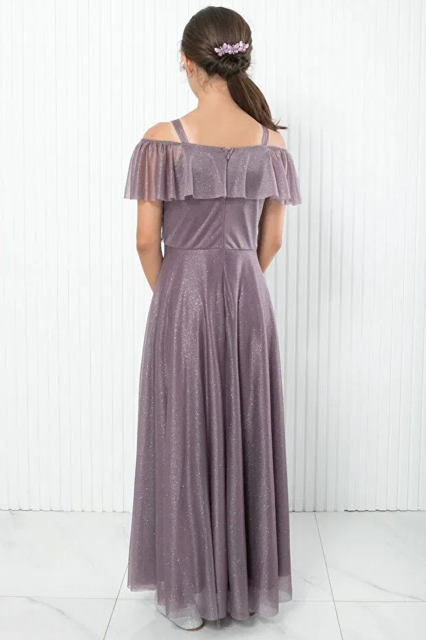 Детское платье для девочек с открытыми плечами из фатина Lilac glitter tulle strap boat neck graduation evening dress - dnm938 Denimini, Lila — фото 3