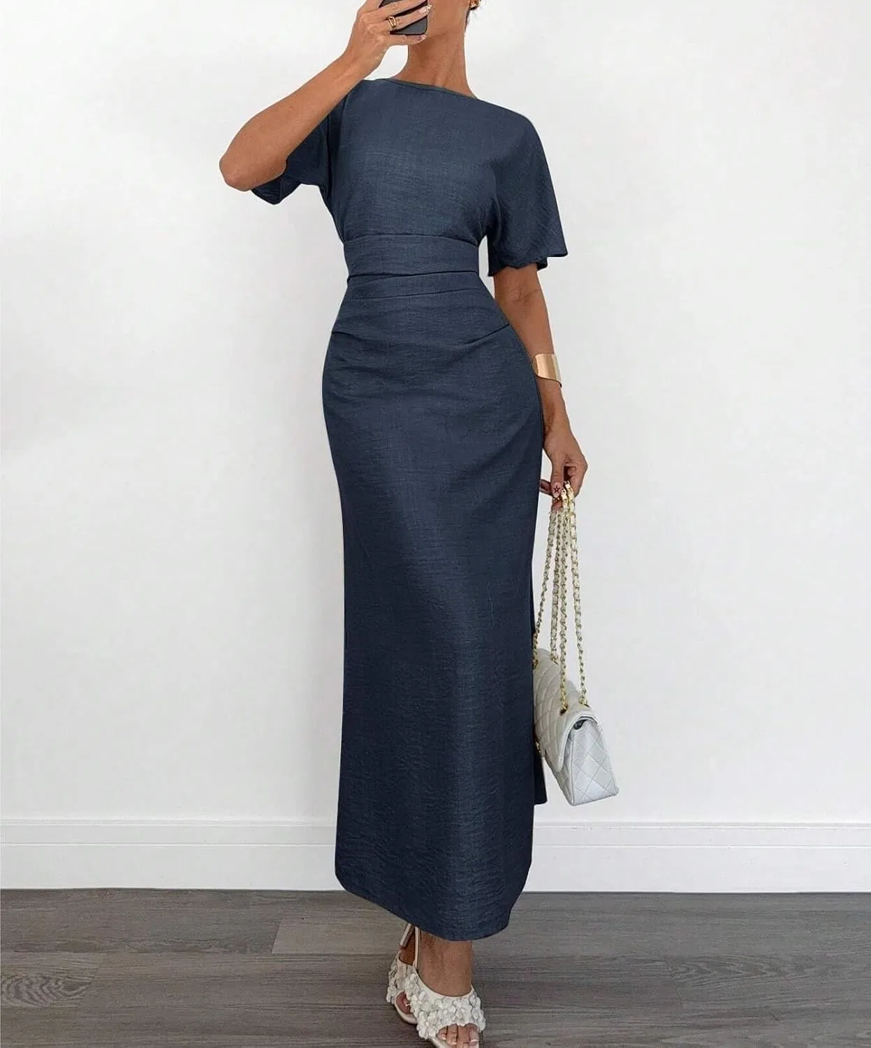 Женское элегантное платье A-силуэта с батwing рукавами, Navy Blue — фото 4