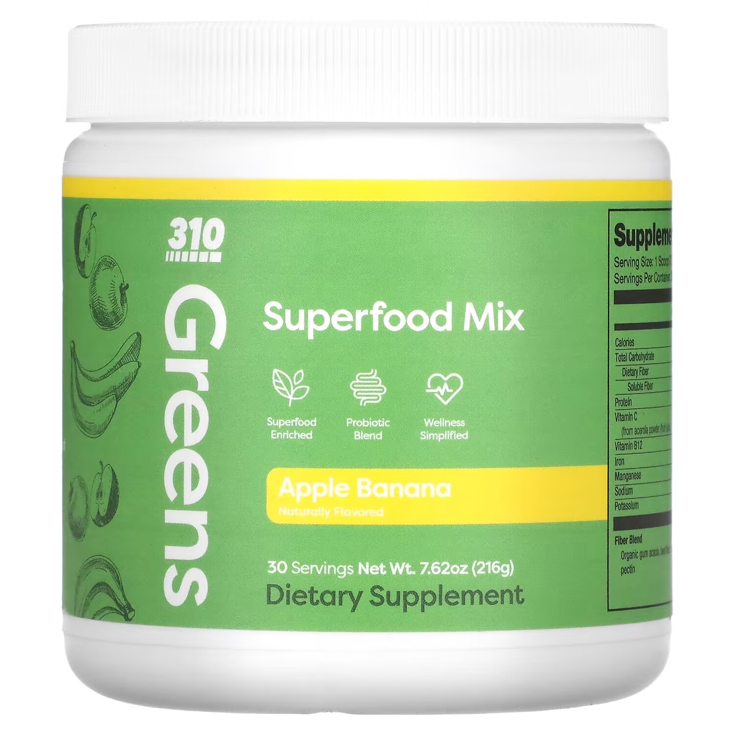 

310 Nutrition Greens смесь суперфудов яблоко и банан, 216 г