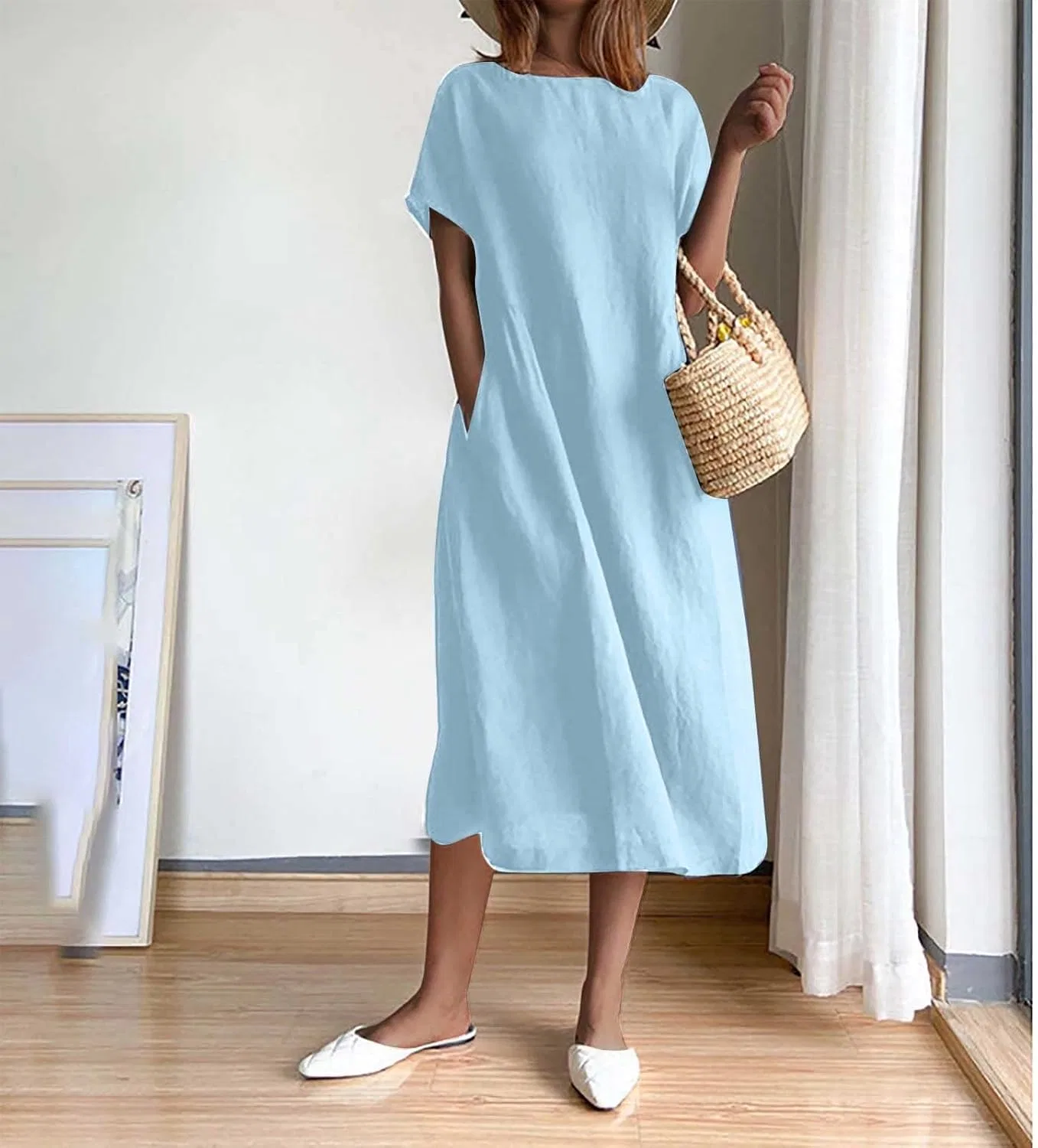 Женское летнее платье миди из льна и хлопка с коротким рукавом, Light Blue — фото 2