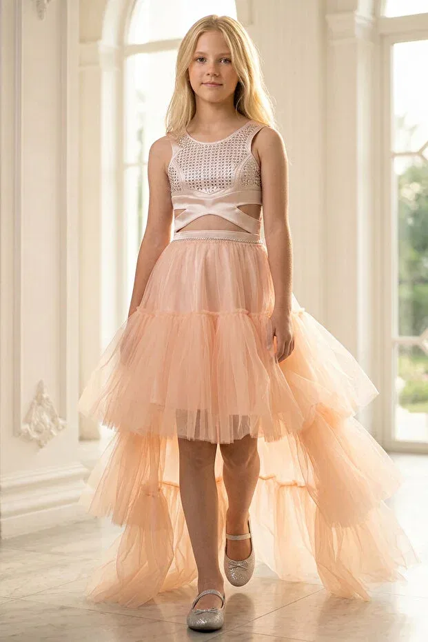 Детское платье для девочек с принтом Graduation evening dress with stone embroidered tulle skirt dnm340 Denimini, Salmon — фото 3