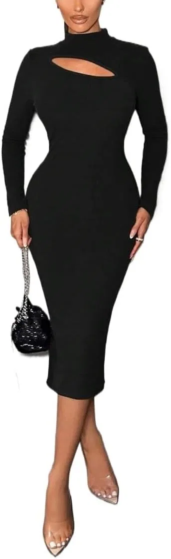 Женское облегающее платье миди с высоким воротником Long Sleeve, Black