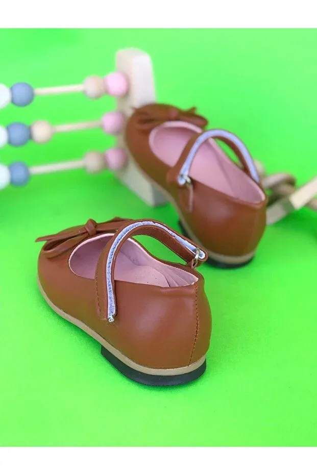 Детские балетки для девочек с принтом Thin Bow Detailed Surpie Shoes, Tan Color — фото 3