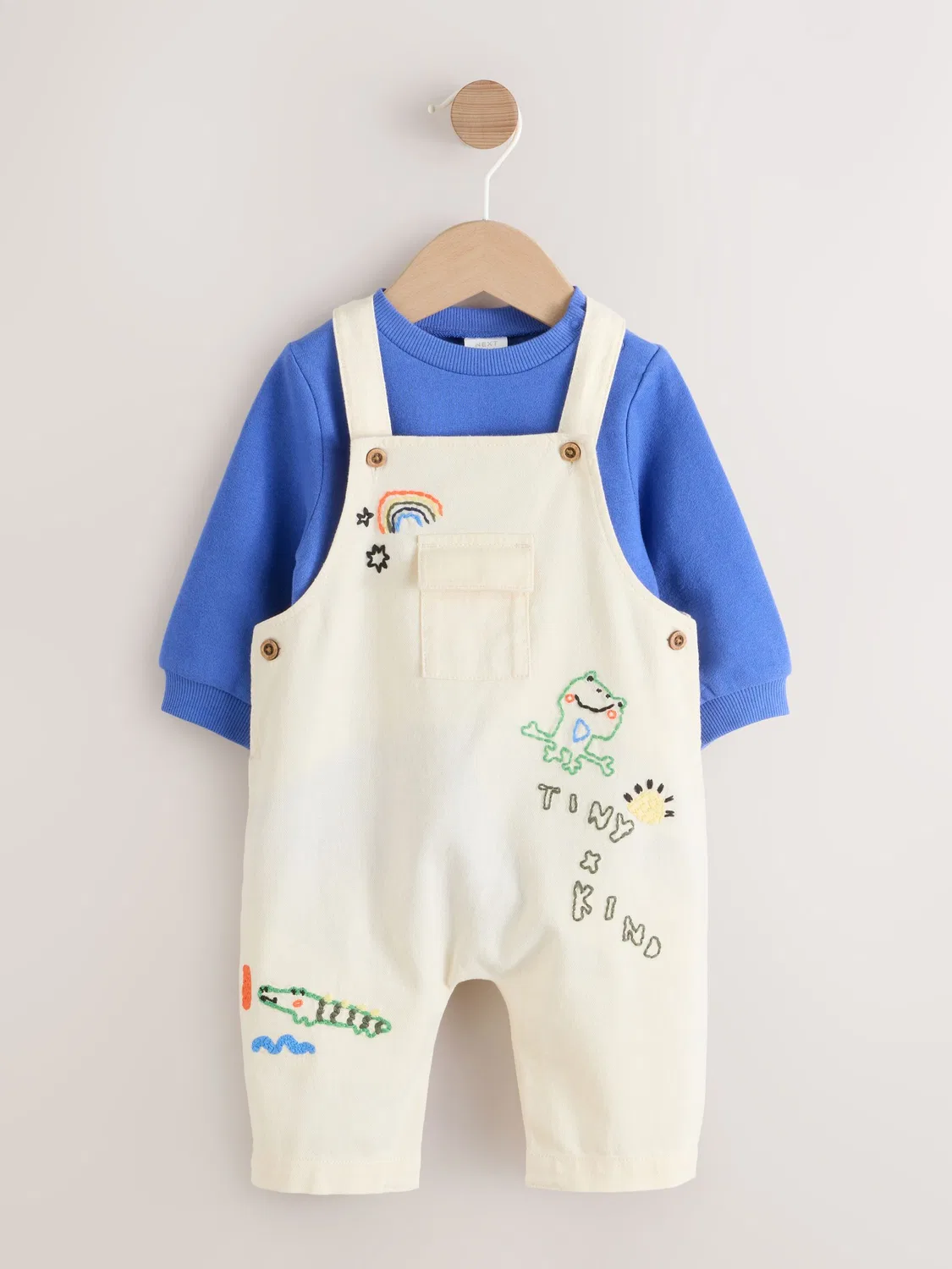 Комплект из джинсового комбинезона и боди, с вышивкой Next, Neutral/Blue Characters