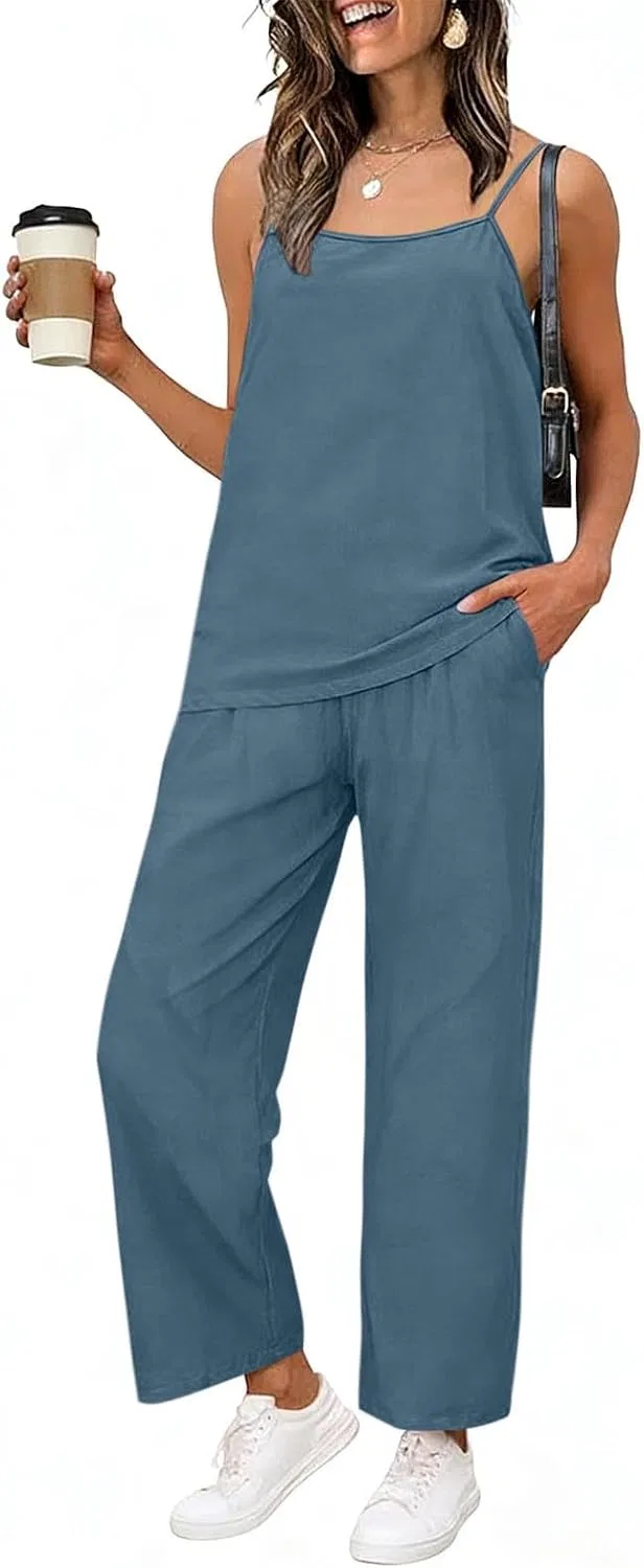 Женский летний комплект из топа и широких брюк с карманами, Light Blue — фото 4