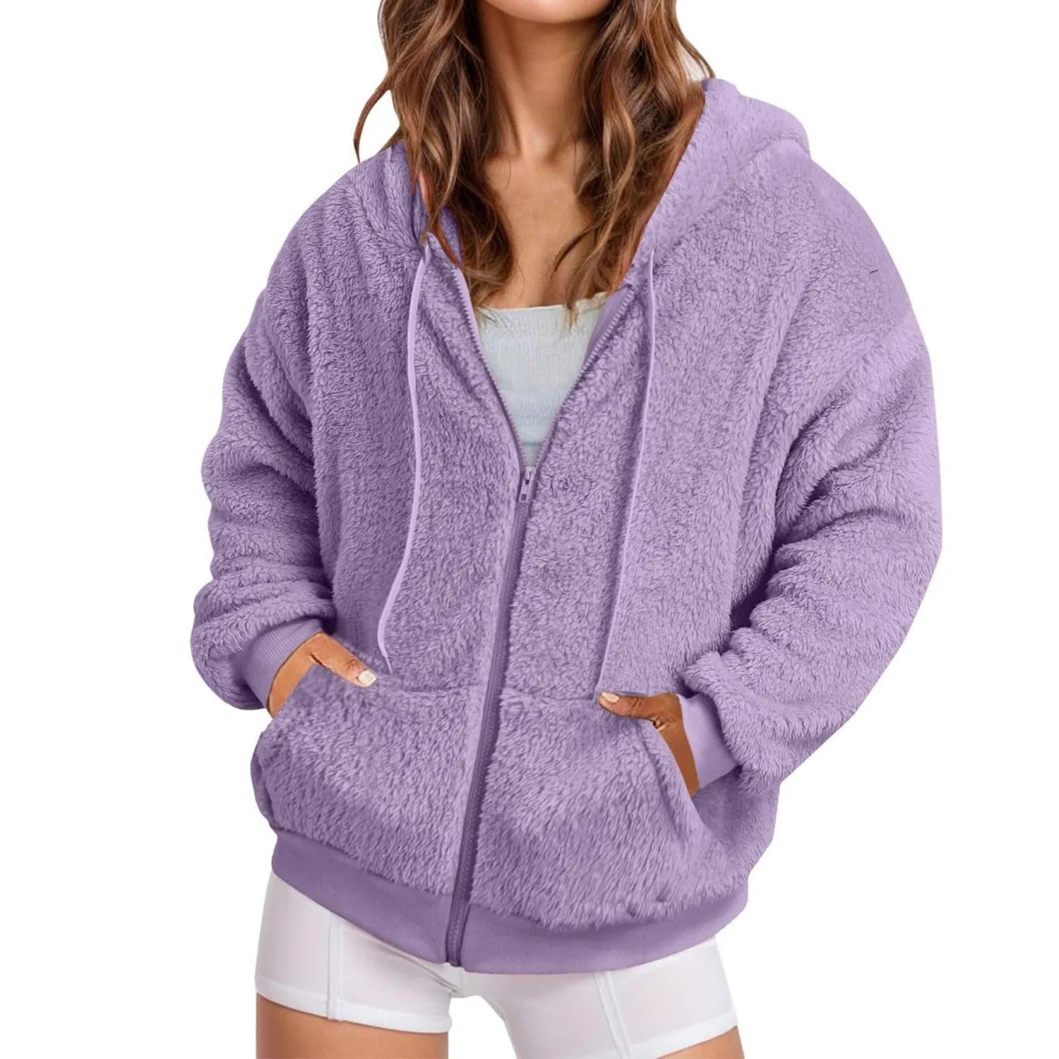 Женская куртка-худи с капюшоном и молнией, флисовая, Teddy, oversize, Lilla