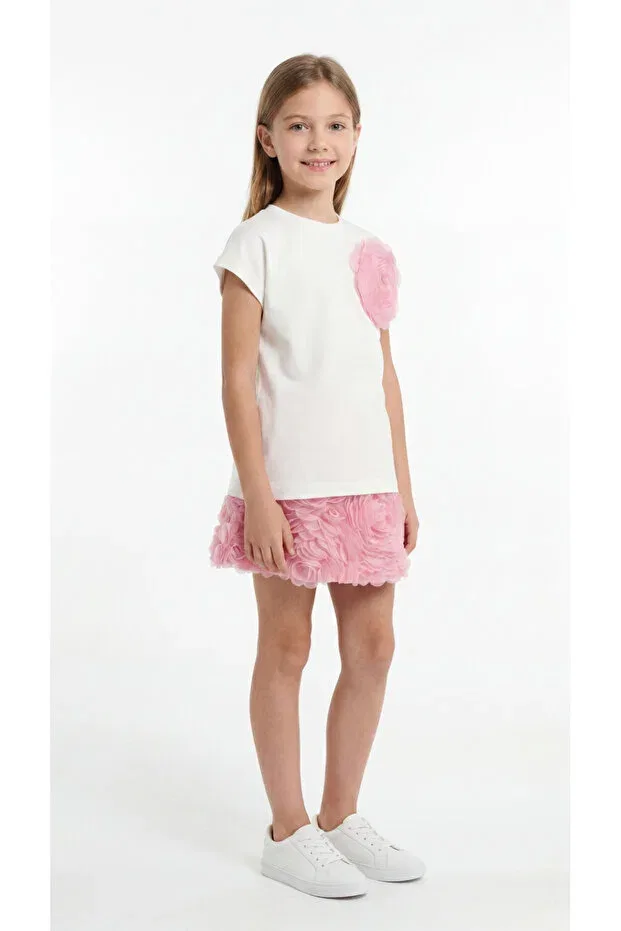 Детский комплект для девочек с принтом Rose girl's t-shirt and skirt set Mışıl Kids, Ecru-Pink — фото 2