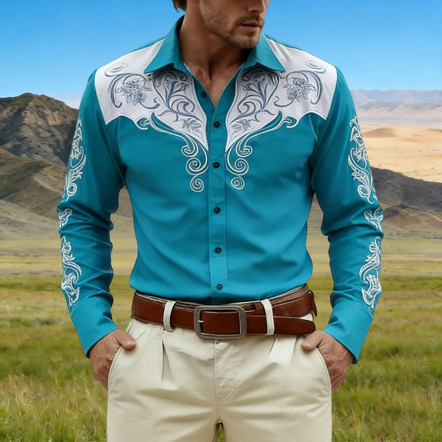 Мужская рубашка с длинным рукавом с вышивкой Western Shirt Cowboy Costume, #016-azzurro — фото 2