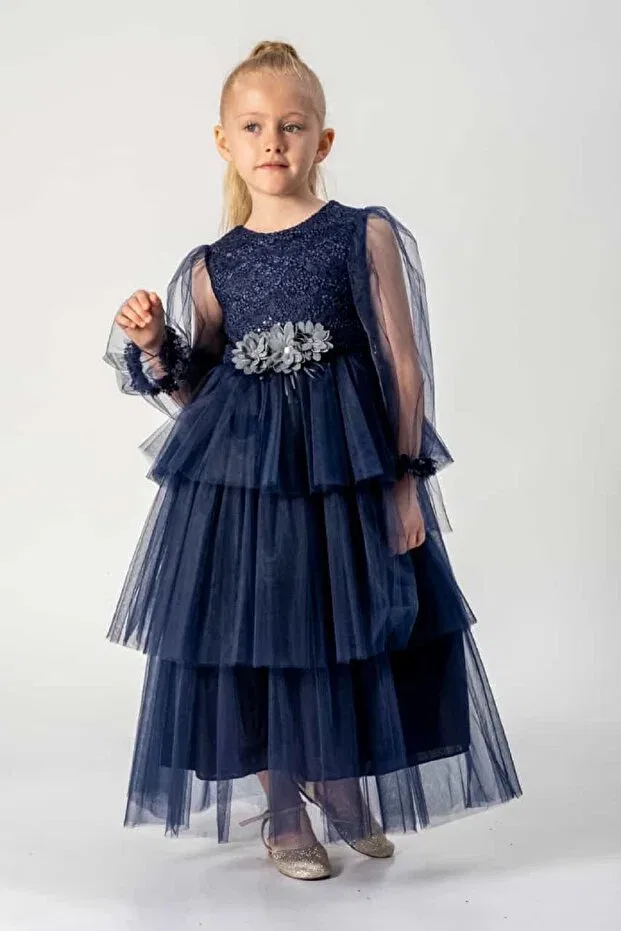 Детское платье для девочек с длинным рукавом Dfn, Navy Blue