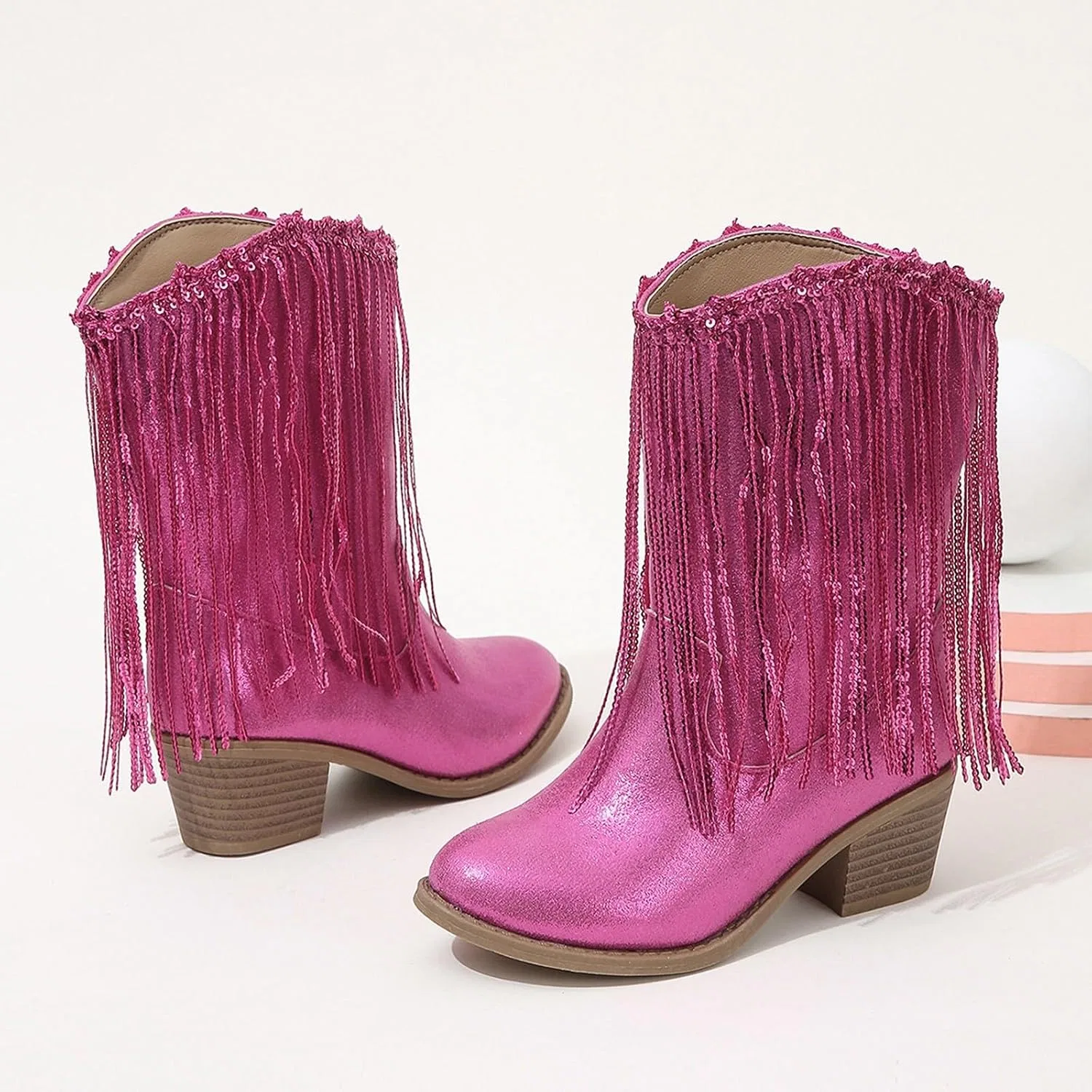 Детские сапоги для девочек с кисточками и боковой молнией Cowboy Tassel Boots, Hot Pink — фото 2