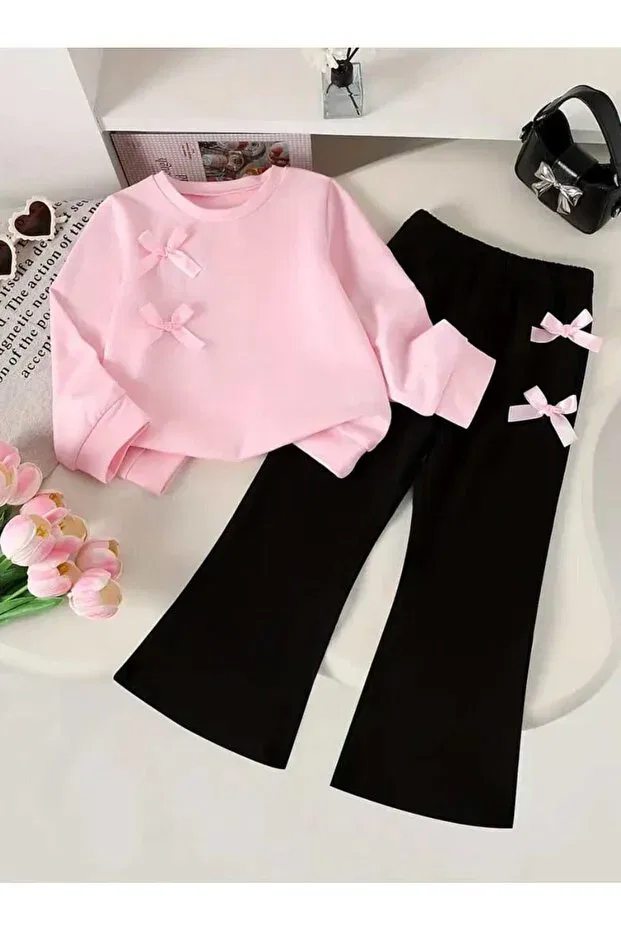 Детский спортивный комплект для девочек с бантом Bebeğime Çorap, Black-Pink