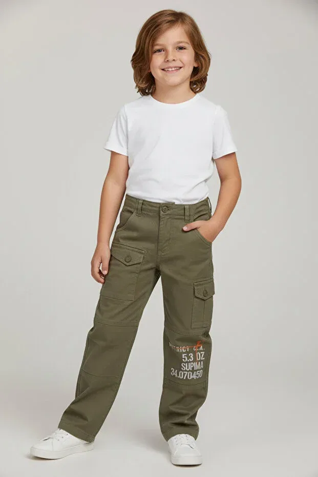 Детские брюки из габардина с принтом Happy Printed Mutlu Kids, Khaki