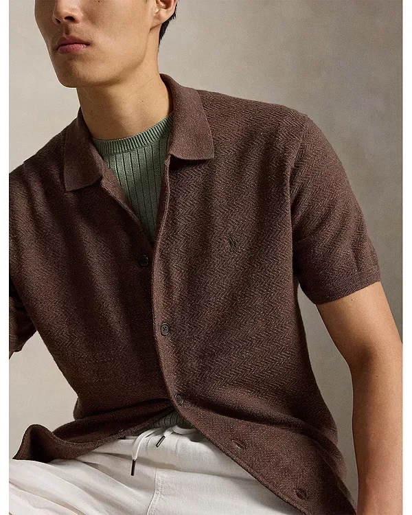 Мужской кардиган с коротким рукавом из хлопка и льна Polo Ralph Lauren, Brown Multi — фото 4