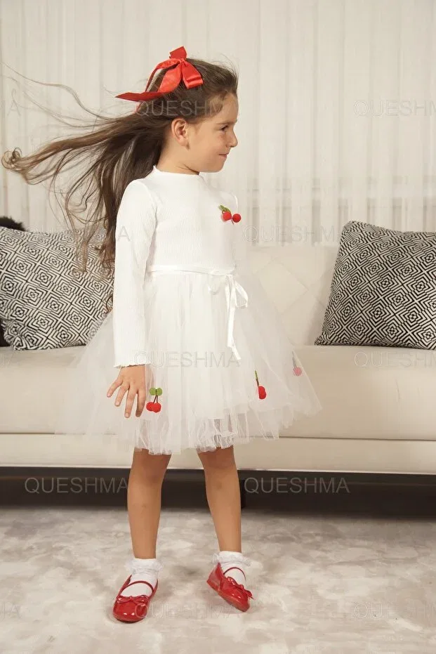 Детское платье для девочек с принтом Mobile cherry lined tulle tutu Queshma, Longarm-White