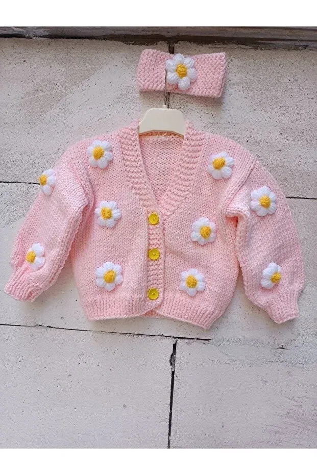 Детский кардиган для девочек с цветочным принтом El Örgüsü Cici Bebe, Powder Pink — фото 2