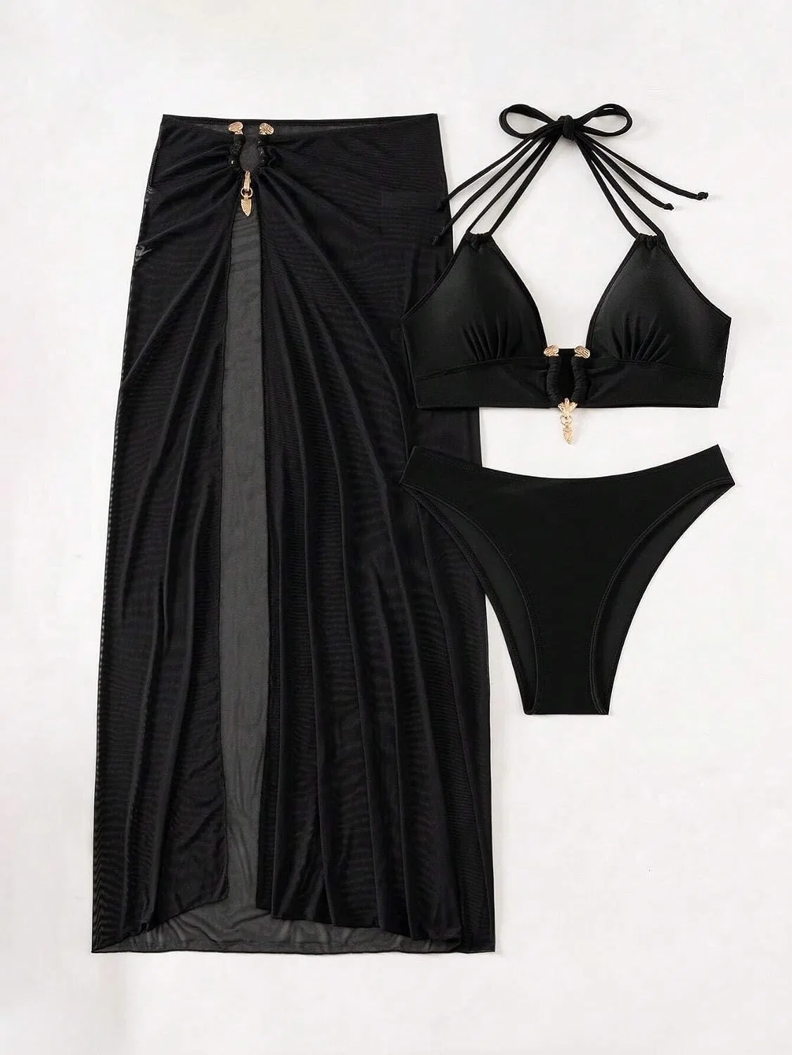 Женский бикини-комплект с высокой талией 3 предмета Halter, Black — фото 4