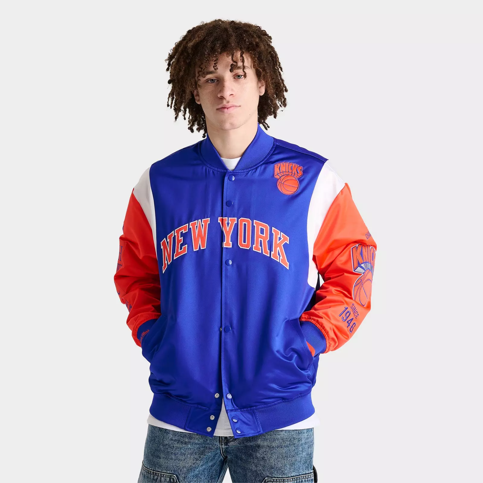 

Бомбер Men's Mitchell & Ness New York Knicks NBA Team Origins Satin, синий/красный