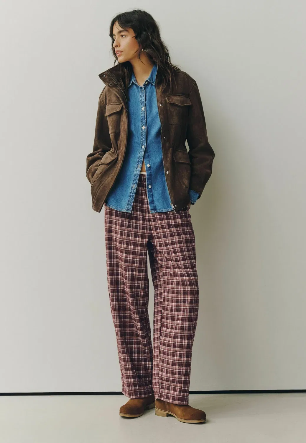 Брюки с закругленными штанинами и ворсом Next, Berry Red Check — фото 2
