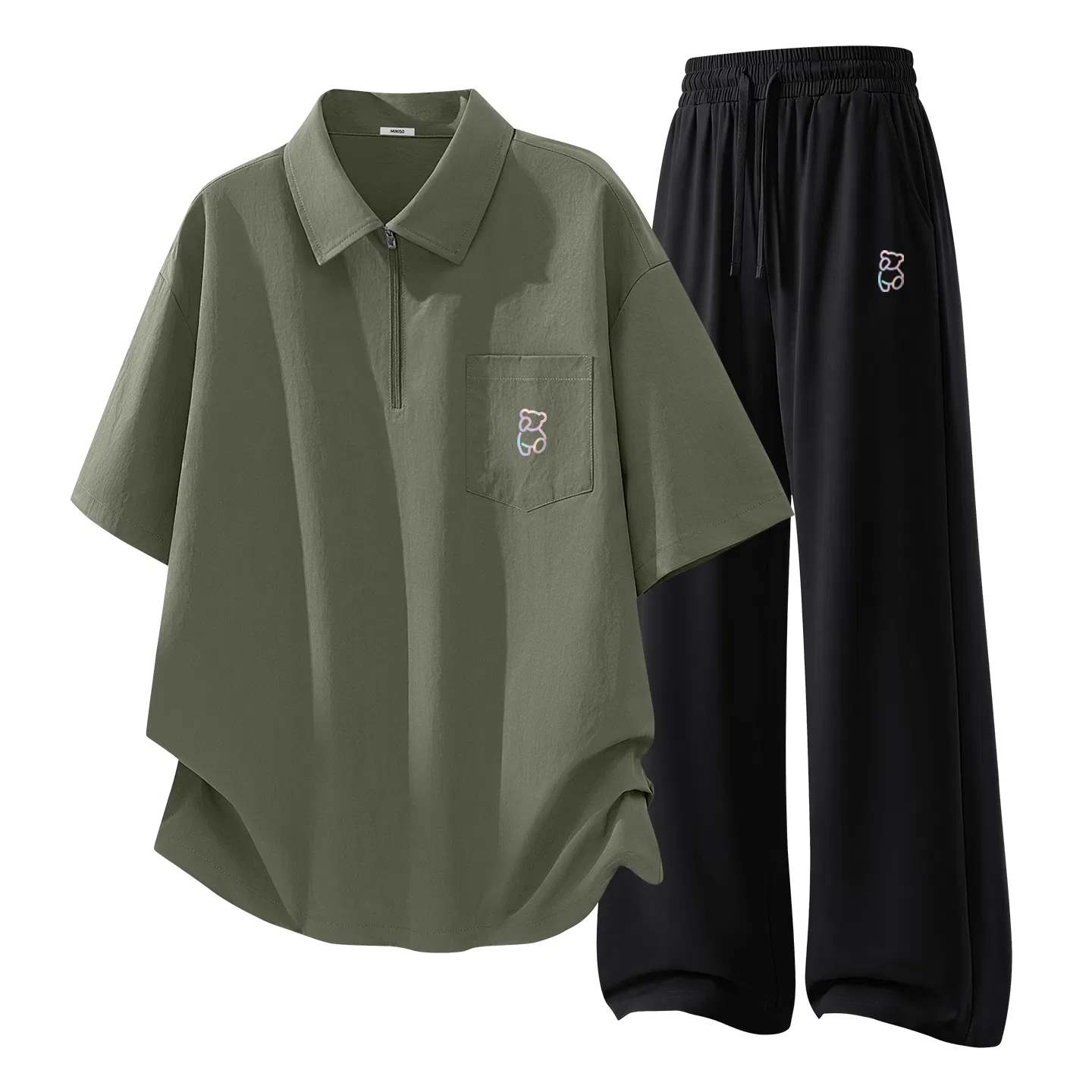 Детский комплект спортивной одежды с принтом медведя MINISO, Army Green And Black