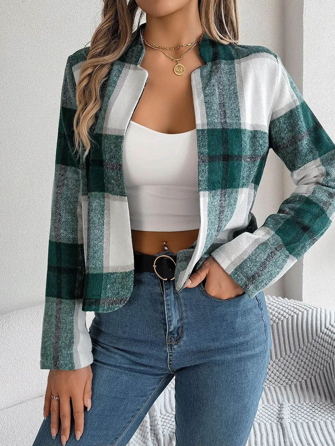 Женская куртка зимняя с принтом в клетку, красная, Rojo — фото 4