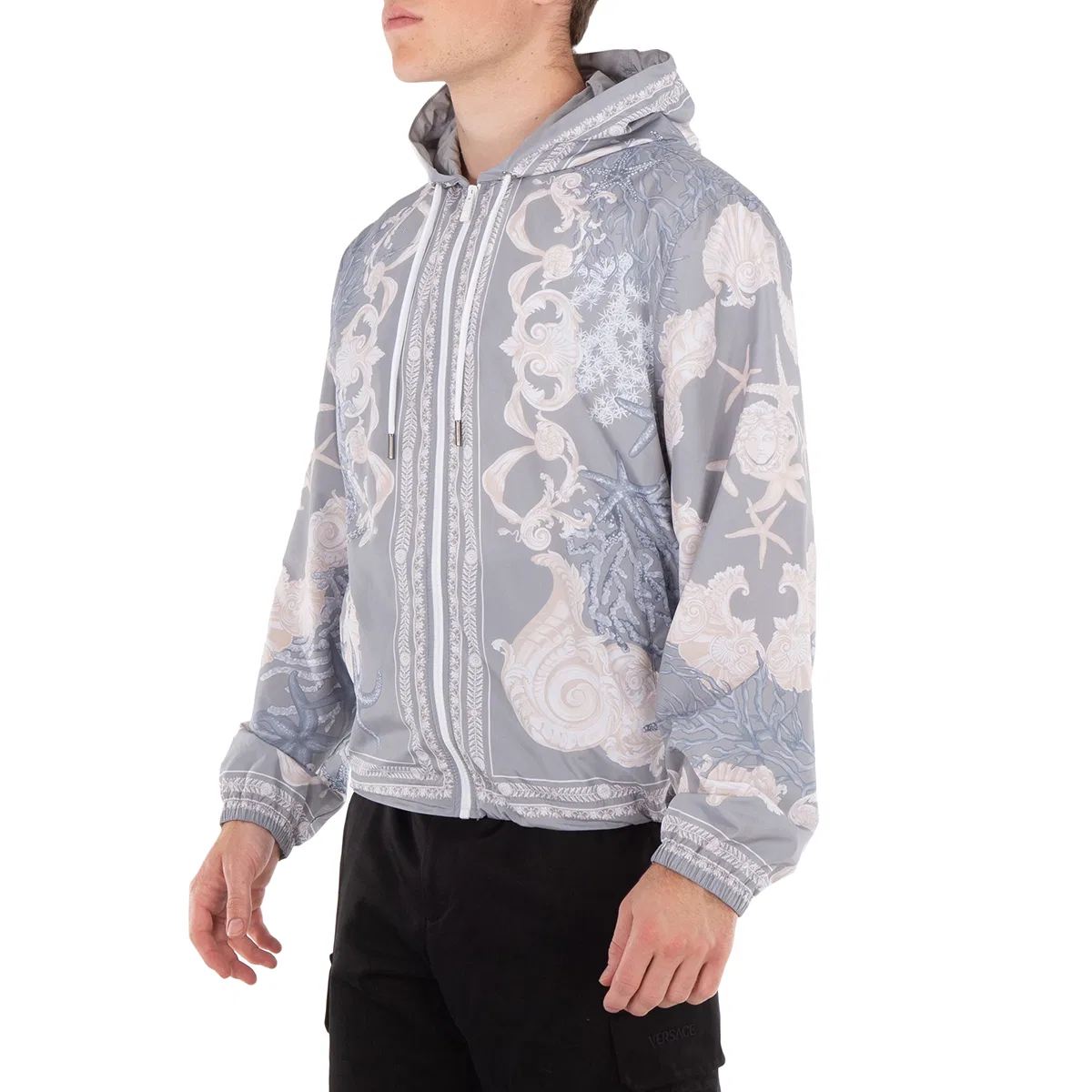 Ветровка с капюшоном Barocco Sea Hooded Windbreaker Jacket Versace, Cocrete/Dusty Blue/Bone — фото 3