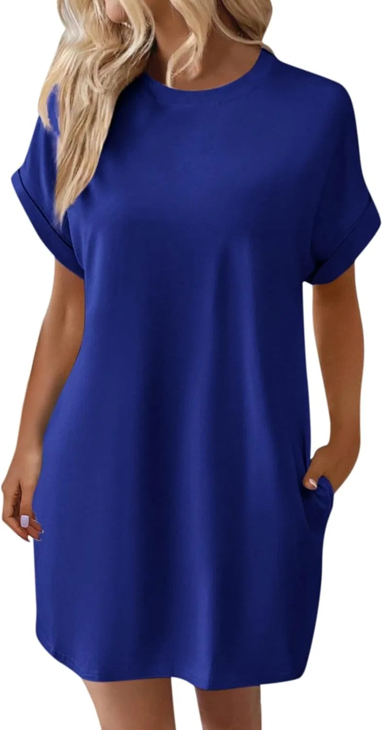 Женское летнее платье-футболка с коротким рукавом, свободное мини, Dark Blue