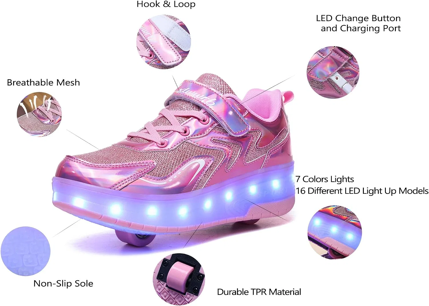 Детские кроссовки-ролики со светящимися колёсами Happy Roller, Pink — фото 3