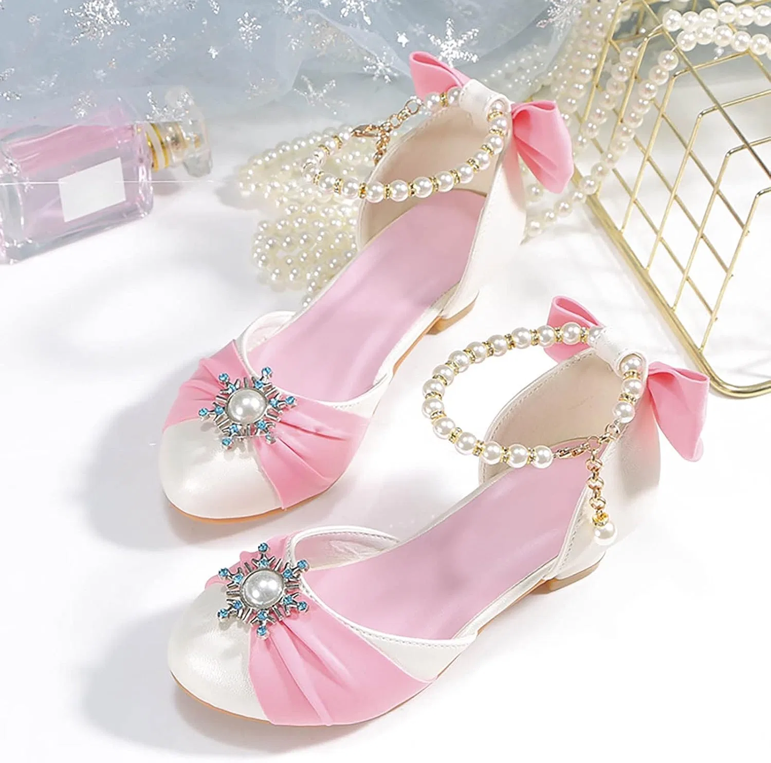 Детские туфли для девочек с принтом Mary Jane Princess Dress Shoes Stain Pearl Bowknot Back Strap Sandals High Heel Wedding Birthday Party Shoes, Pink — фото 3