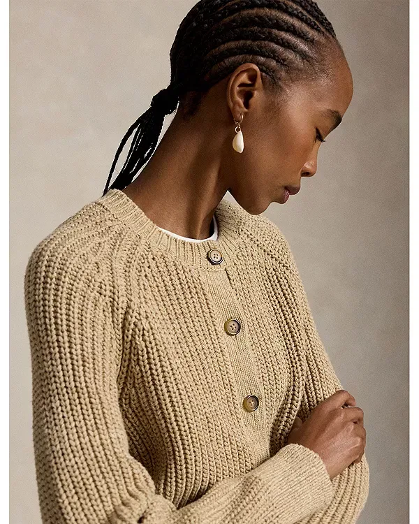 Женский кардиган с длинным рукавом Raglan sleeve cotton cardigan Ralph Lauren, Khaki Heather — фото 4
