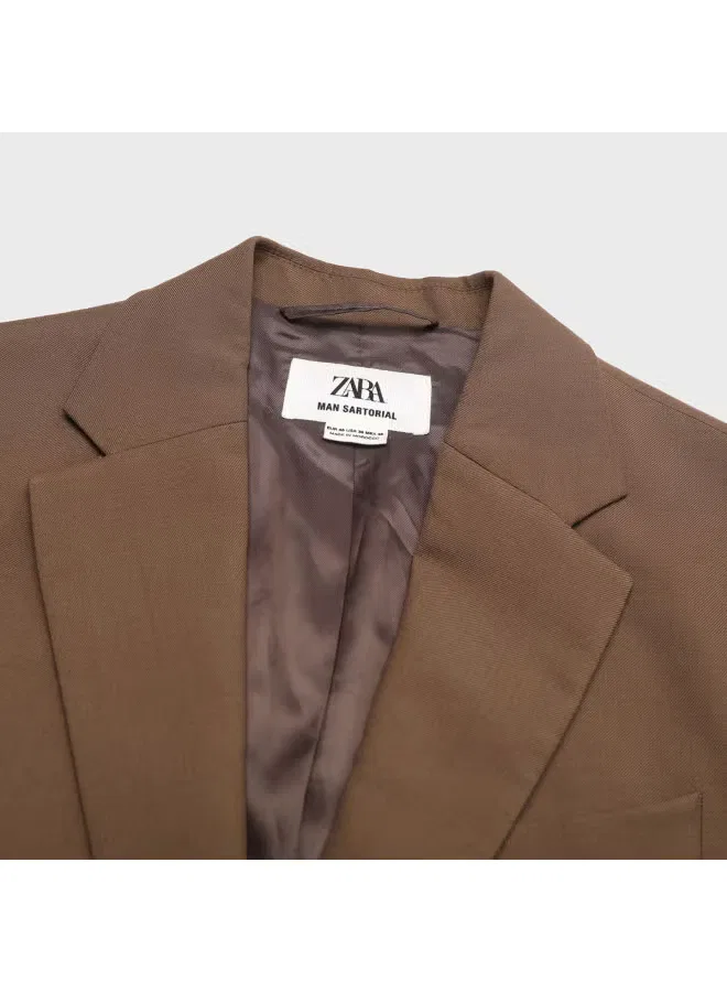 Пиджак деловой с длинным рукавом и лацканами Zara, коричневый — фото 4