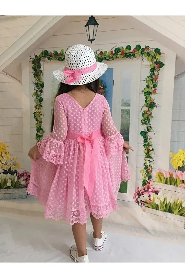 Детское платье для девочек кружевное с длинным рукавом Mixie, Pink — фото 3