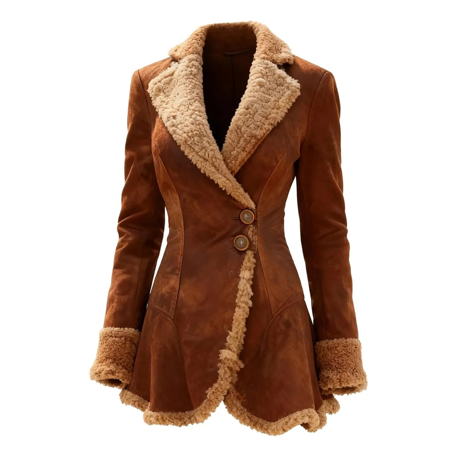 Женская куртка из замши с меховой подкладкой Suede Coat Faux Fur Lined Winter Thick Warm Ruffle Lapel Jacket Slim Fit Mid-Length Thermal Tunics, Marrone cioccolato — фото 4