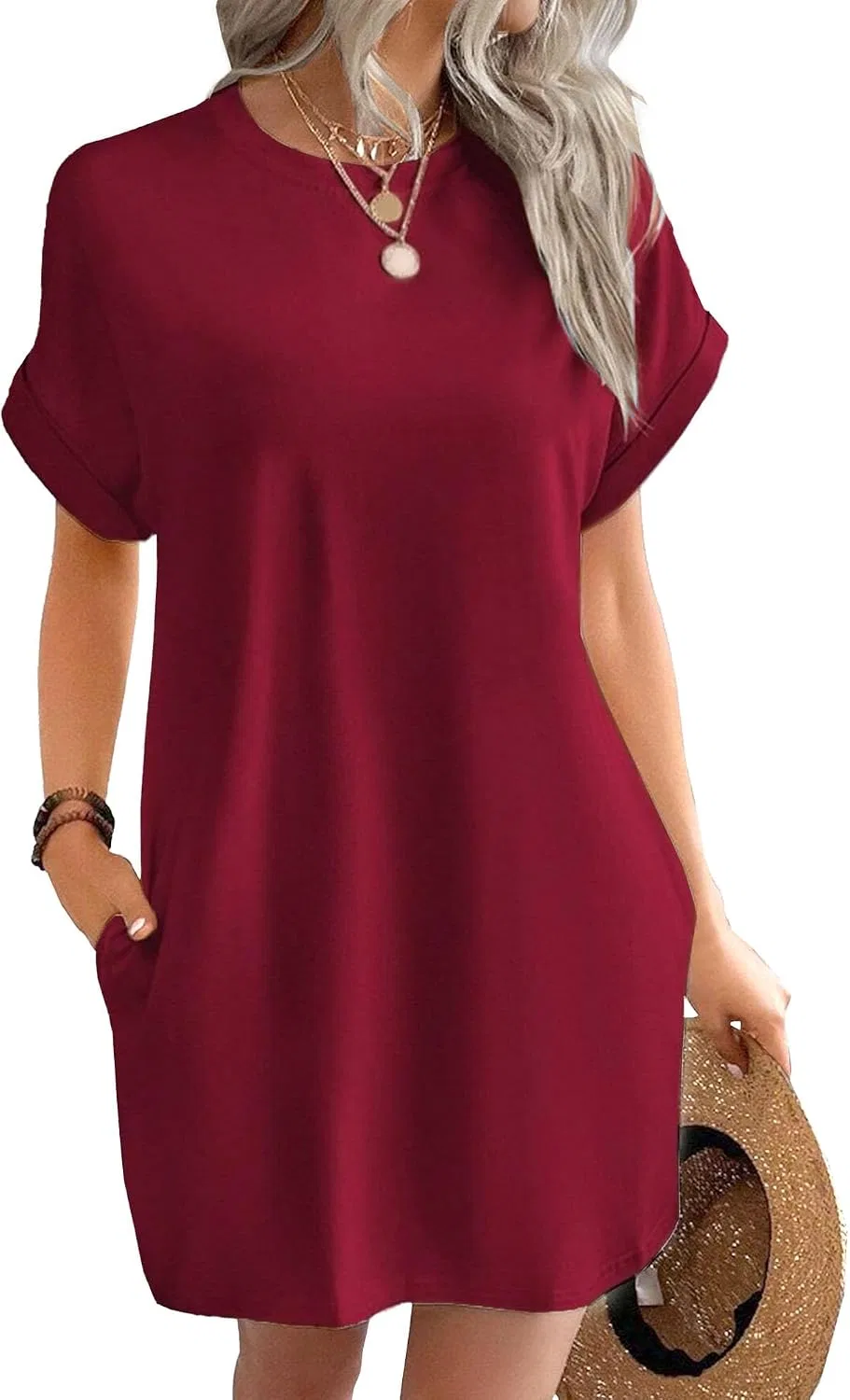 Женское повседневное платье-футболка с карманами, Wine Red