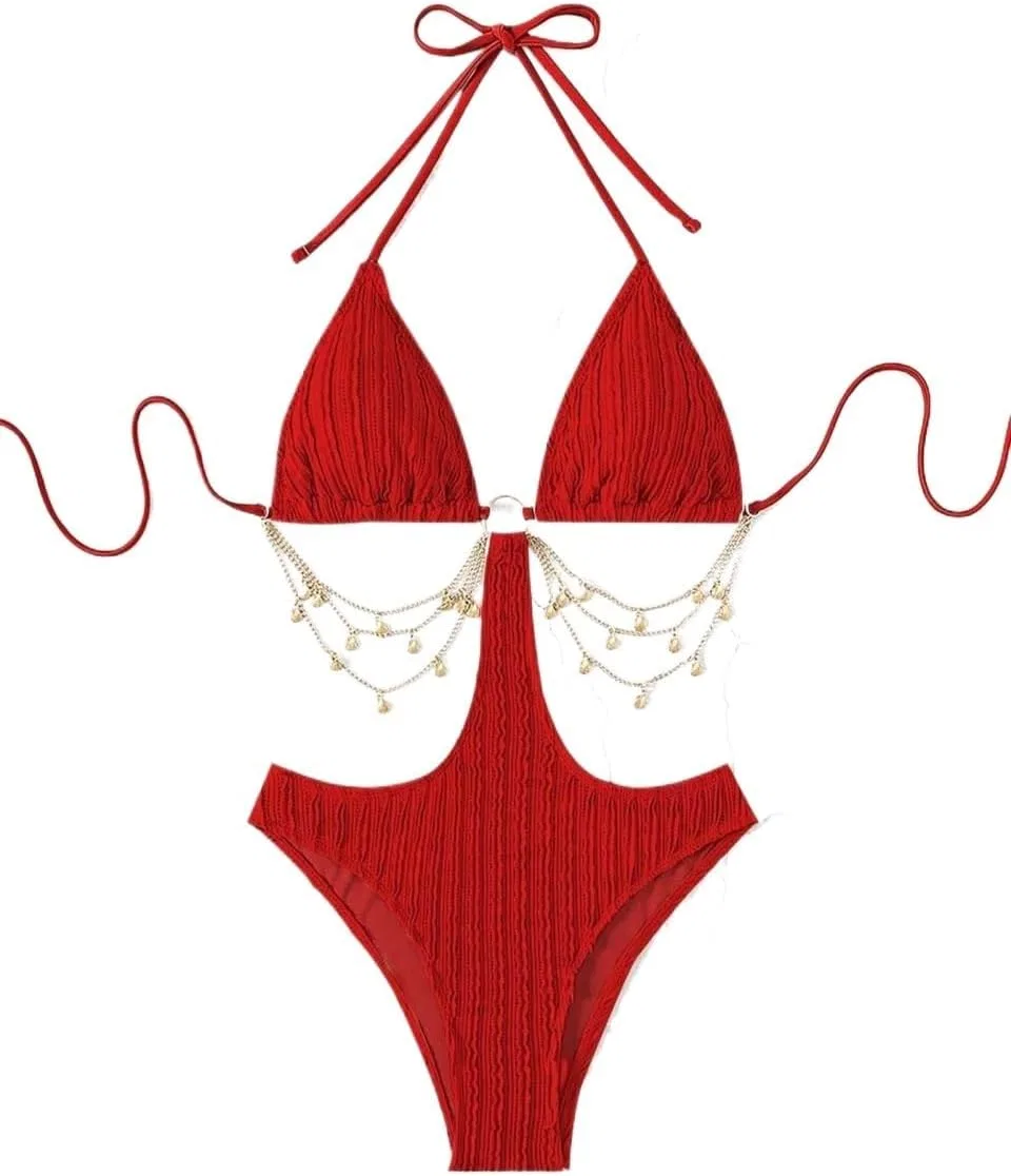 Женский цветной купальник-монокини с вырезами Halter Red — фото 4