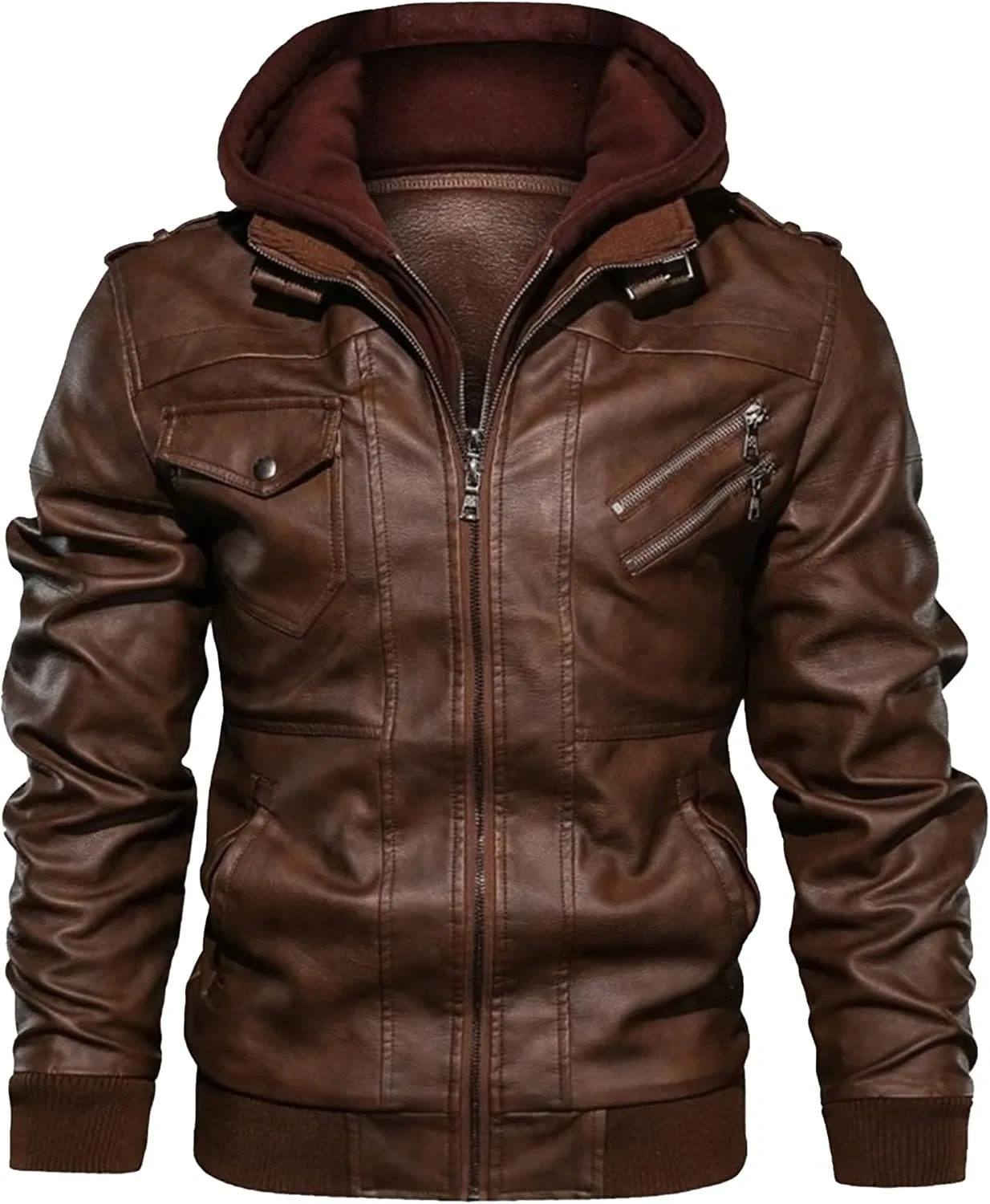 Мужская куртка из экокожи с капюшоном, Vintage Hooded Leather Jacket, коричневый