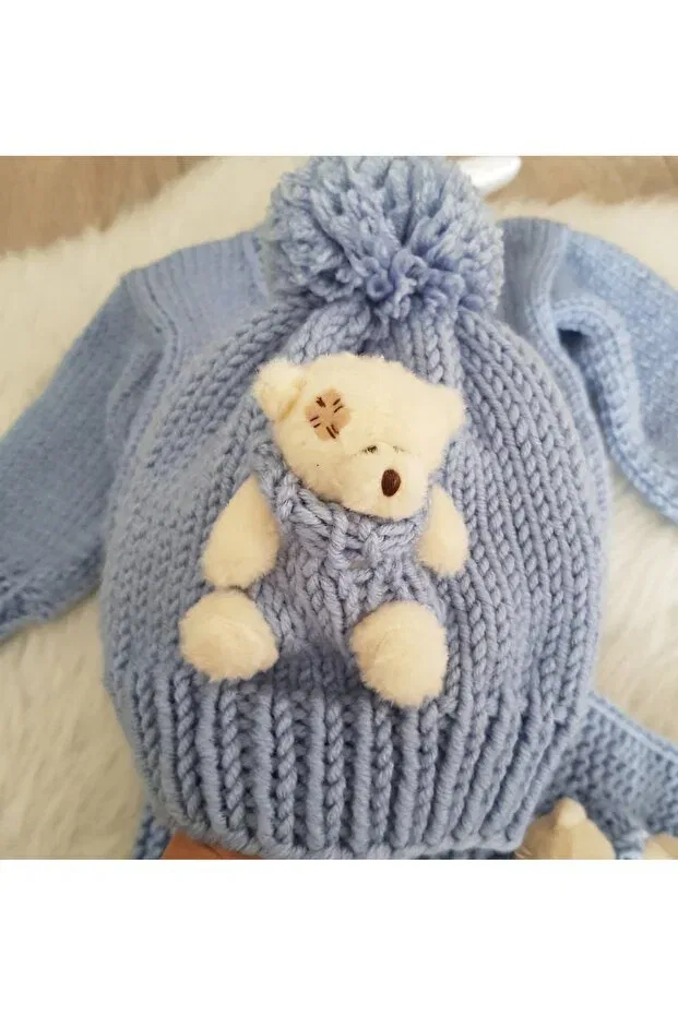 Детский кардиган с вязаными аксессуарами Unisex baby and kids cardigan - hand knitted beanie and scarf set with teddy bear El Örgüsü, Blue — фото 2
