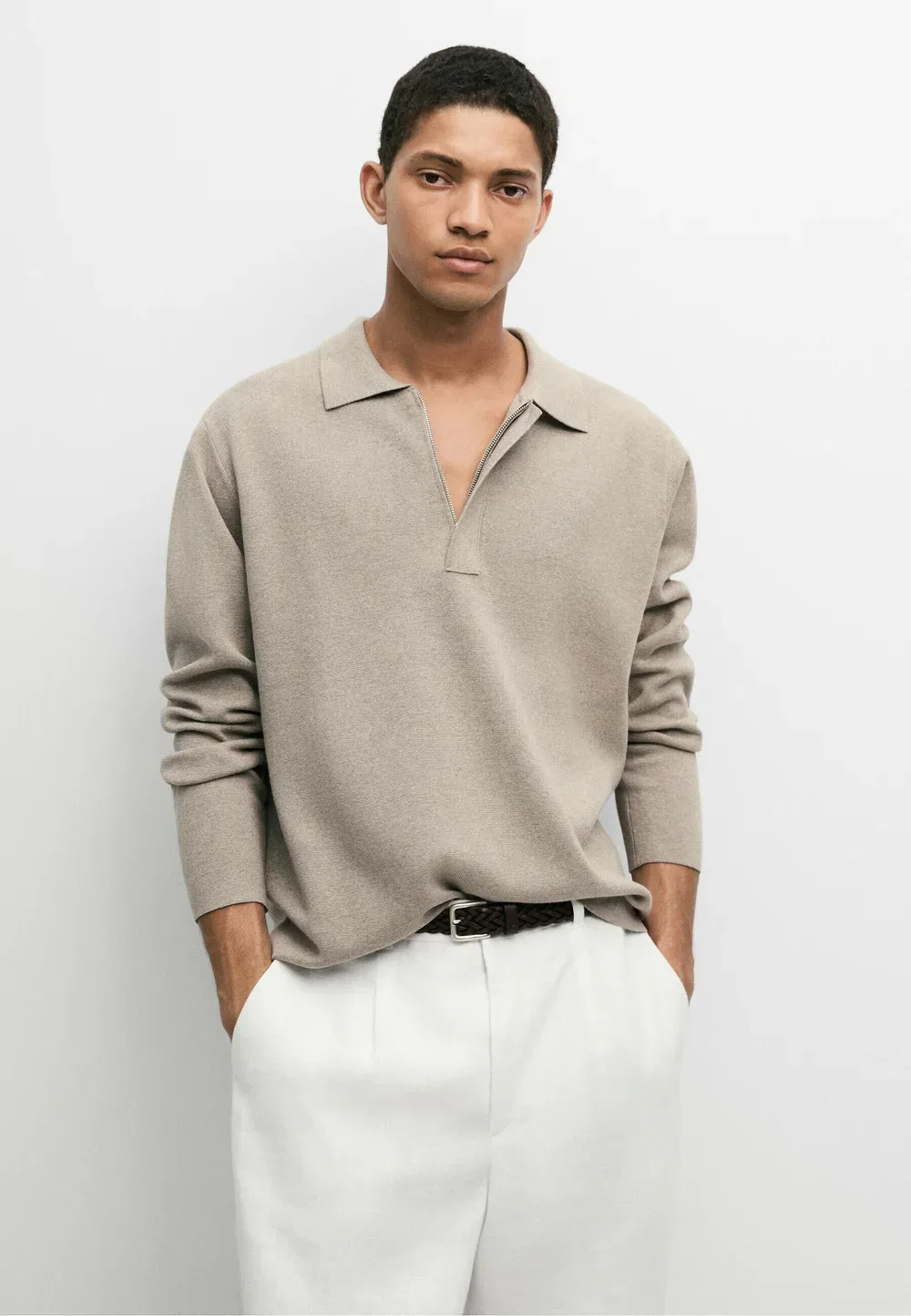 Вязаный поло-свитер на молнии из смесовой хлопковой ткани Massimo Dutti, Light Brown