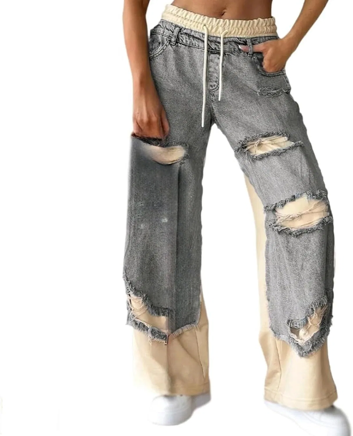 Женские джинсы с потертостями и вышивкой, Wide Leg Patchwork, серый